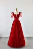 Dark Red Tulle Floor Length Formal Dress, Beautiful A Line Short Sleeve Evening Dress with Beaded KPP1857