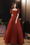 A Line Puff Sleeves Organza Burgundy Long Prom Dress, Burgundy Long Evening Dress KPP1858