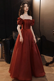 A Line Puff Sleeves Organza Burgundy Long Prom Dress, Burgundy Long Evening Dress KPP1858