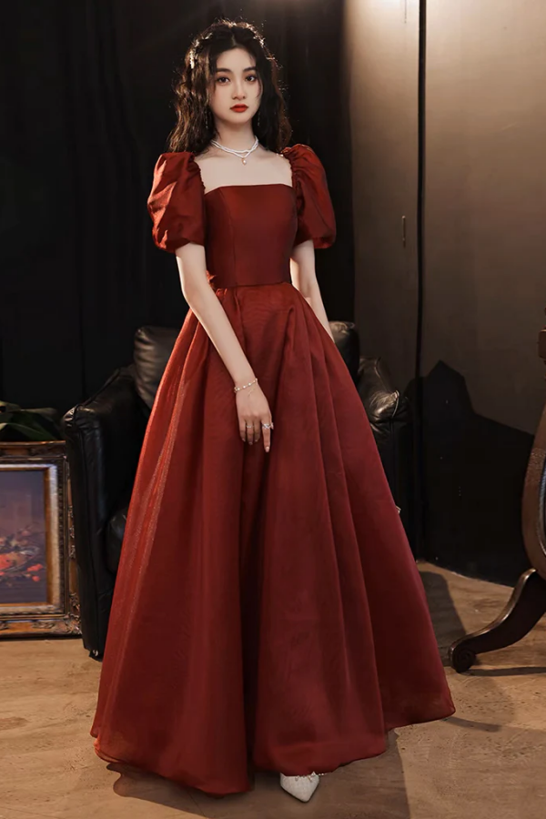 A Line Puff Sleeves Organza Burgundy Long Prom Dress, Burgundy Long Ev kateprom A Line Puff Sleeves Organza Burgundy Long Prom Dress, Burgundy Long Ev kateprom