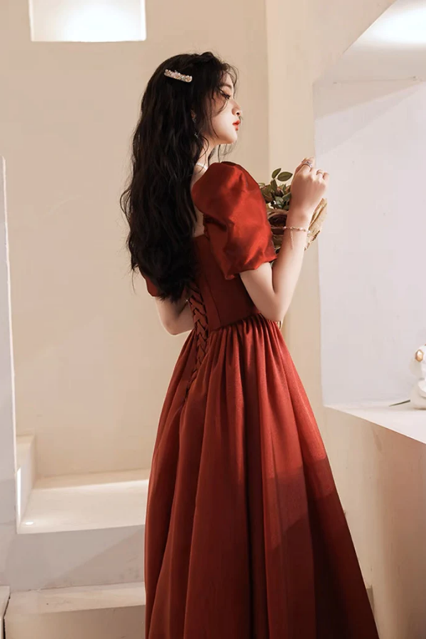 sleek evening dresses A Line Puff Sleeves Organza Burgundy Long Prom Dress, Burgundy Long Ev –  kateprom