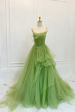 Green Spaghetti Strap Tulle Long Prom Dress, Beautiful A Line Evening Dress KPP1859