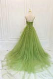 Green Spaghetti Strap Tulle Long Prom Dress, Beautiful A Line Evening Dress KPP1859