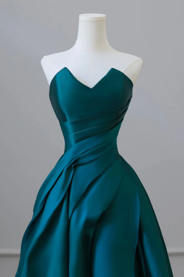 A Line Strapless Satin Peacock Blue Long Prom Dress, Simple Peacock Bl –  kateprom