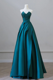 A Line Strapless Satin Peacock Blue Long Prom Dress, Simple Peacock Blue Evening Dress KPP1860