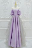 A Line Satin Tulle Purple Long Prom Dress, Tulle Purple Long Formal Dress KPP1861