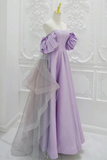 A Line Satin Tulle Purple Long Prom Dress, Tulle Purple Long Formal Dress KPP1861
