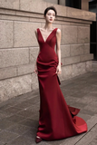 Burgundy V Neck Satin Long Prom Dress, Elegant Backless Evening Party Dress KPP1862