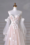 A Line Long Sleeves Tulle Lace Champagne Long Prom Dress, Champagne Long Formal Dress KPP1863