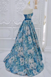 A Line Flower Satin Blue Long Prom Dress, Blue Long Formal Dress KPP1864