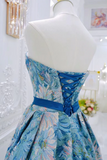A Line Flower Satin Blue Long Prom Dress, Blue Long Formal Dress KPP1864