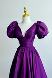 Purple Satin A Line Short Sleeves Long Formal Dress, Purple Evening Dress Prom Dress KPP1867