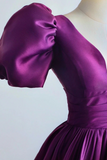 Purple Satin A Line Short Sleeves Long Formal Dress, Purple Evening Dress Prom Dress KPP1867