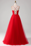 Red Ball Gown Princess V Neck Tulle Pleated Long Prom Dress KPP1868