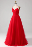 Red Ball Gown Princess V Neck Tulle Pleated Long Prom Dress KPP1868