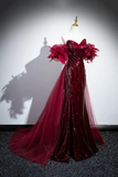 Burgundy Tulle Sequins Long Prom Dress, Burgundy Evening Party Dress KPP1870
