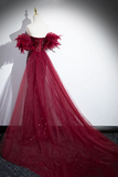 Burgundy Tulle Sequins Long Prom Dress, Burgundy Evening Party Dress KPP1870