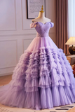Purple Off the Shoulder Tiered Ruffles Long Ball Gown Prom Formal Party Dresses KPP1872