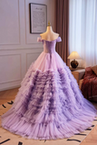 Purple Off the Shoulder Tiered Ruffles Long Ball Gown Prom Formal Party Dresses KPP1872