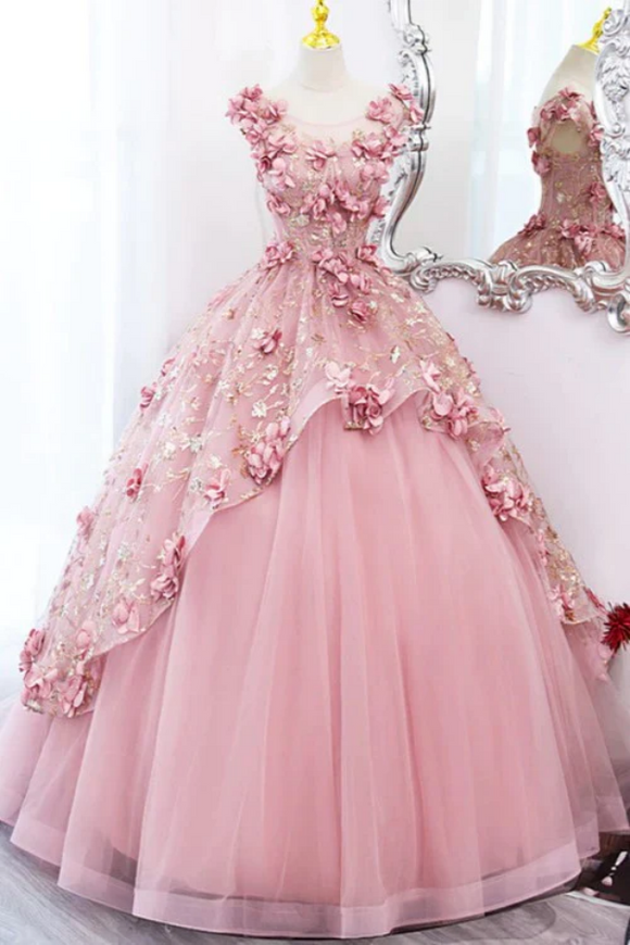 Cute Pink Tulle Long Prom Dress with Flowers Sweet 16 Gown KPP1874