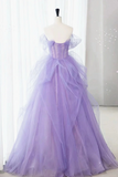 Purple Lace Floral Tulle Long Prom Dresses, Purple Tulle Long Lace Formal Evening Dresses KPP1875