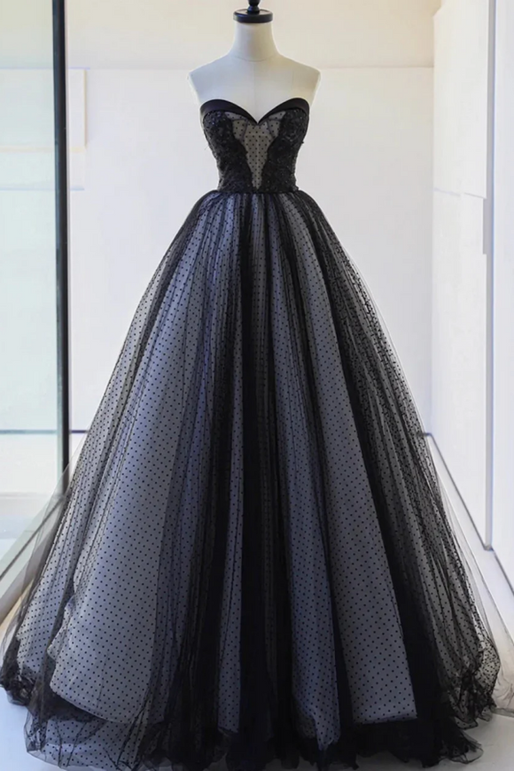 Lovely Black Strapless Tulle Lace Long Prom Dress, A Line Sweetheart Neck Evening Party Dress KPP1876