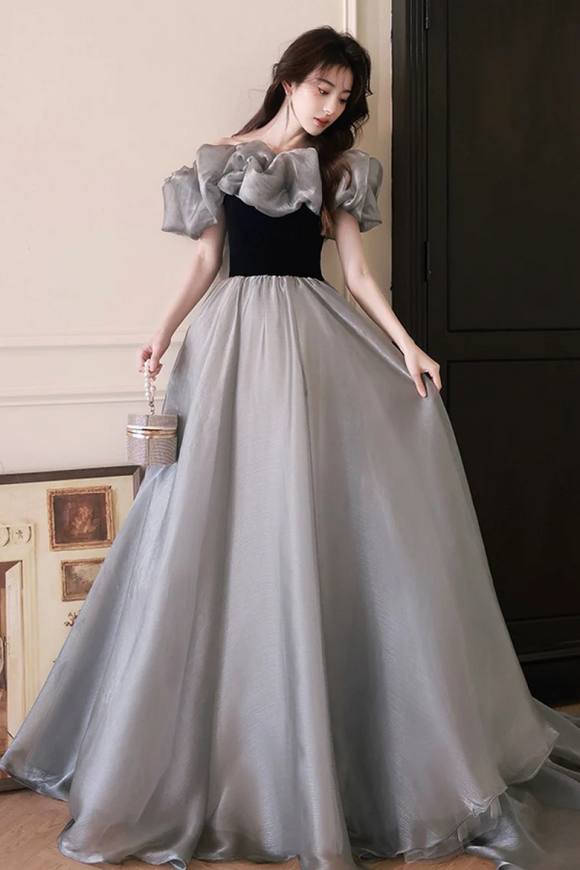 Gray Tulle and Black Velvet Long Prom Dress, Off the Shoulder Evening Party Dress KPP1877
