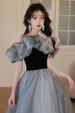 Gray Tulle and Black Velvet Long Prom Dress, Off the Shoulder Evening Party Dress KPP1877