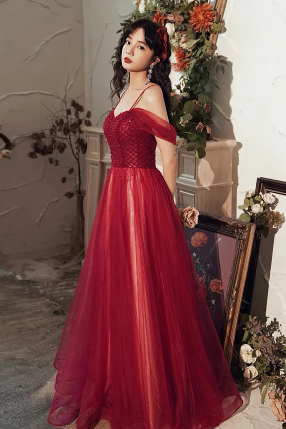 Burgundy Tulle Beaded Long Prom Dress, Beautiful Spaghetti Strap Evening Party Dress KPP1878