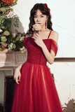 Burgundy Tulle Beaded Long Prom Dress, Beautiful Spaghetti Strap Evening Party Dress KPP1878