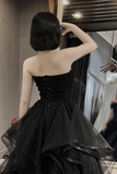 A Line Sweetheart Neck Tulle Long Prom Dress, Black Long Formal Dress KPP1879
