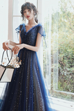 Navy Blue V Neckline Tulle Long Party Dress, Navy Blue Prom Dress KPP1880