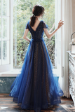 Navy Blue V Neckline Tulle Long Party Dress, Navy Blue Prom Dress KPP1880