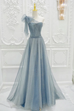A Line One Shoulder Tulle Sequin Gray Blue Long Prom Dress, Sequin Long Formal Dress KPP1882