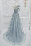 A Line One Shoulder Tulle Sequin Gray Blue Long Prom Dress, Sequin Long Formal Dress KPP1882