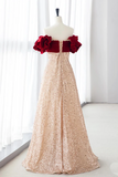 Champagne A Line velvet Long Prom Dress, Champagne Tulle Sequin Long Formal Dress KPP1883