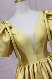 Yellow V Neck Satin Long Prom Dress, A Line Puff Sleeves Evening Party Dress KPP1886