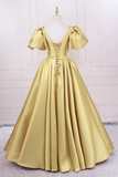 Yellow V Neck Satin Long Prom Dress, A Line Puff Sleeves Evening Party Dress KPP1886