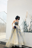 Beautiful Blue A Line Tulle Beaded Long Party Dress, Blue Prom Dress KPP1889