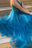 A Line Spaghetti Straps V Neck Tulle Lace Long Prom Dress Formal Dress KPP1890