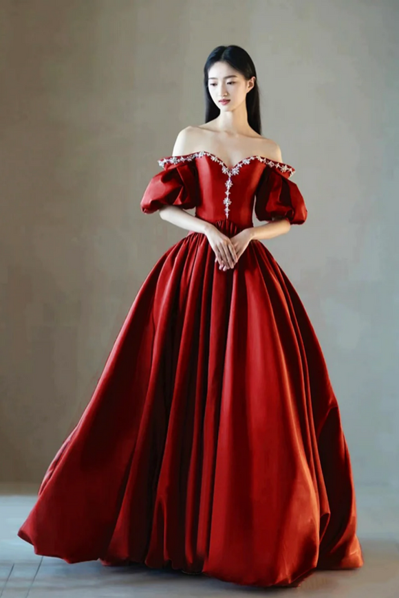 Burgundy Satin Rhinestone Floor Length Prom Dress, A Line Off The Shoulder Princess Party Dress KPP1893