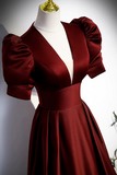 Burgundy V Neck Satin Long Prom Dress, Simple Short Sleeve Evening Party Dress KPP1894