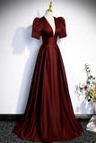 Burgundy V Neck Satin Long Prom Dress, Simple Short Sleeve Evening Party Dress KPP1894