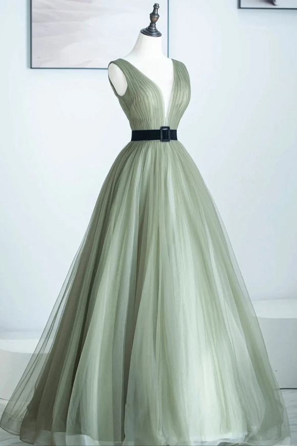 Lovely A Line Light Green V Neckline Tulle Long Prom Dress, Light Green Party Dress KPP1895