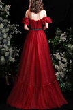 Burgundy Strapless Tulle Long Prom Dress, Burgundy A Line Evening Party Dress KPP1896