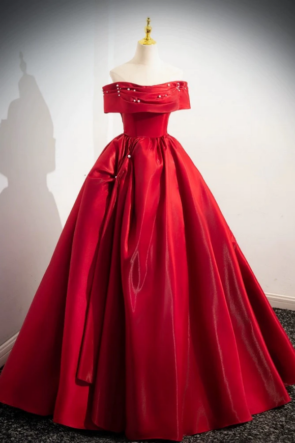 A Line Off Shoulder Satin Red Long Prom Dress, Red Long Evening Dress KPP1897