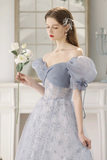 Blue Tulle Lace Floor Length Prom Dress, Beautiful Short Sleeve Evening Party Dress KPP1898