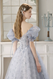 Blue Tulle Lace Floor Length Prom Dress, Beautiful Short Sleeve Evening Party Dress KPP1898