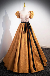Unique V Neck Beaded Floor Length Prom Dress, Beautiful A Line Short Sleeve Party Dress KPP1899