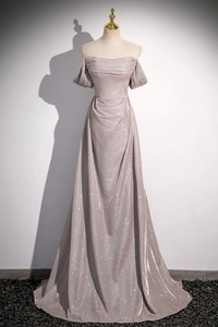 Grey Sequins Ruffle Long Party Dress, Off the Shoulder Short Sleeve Sweep Train Evening Dress KPP1900